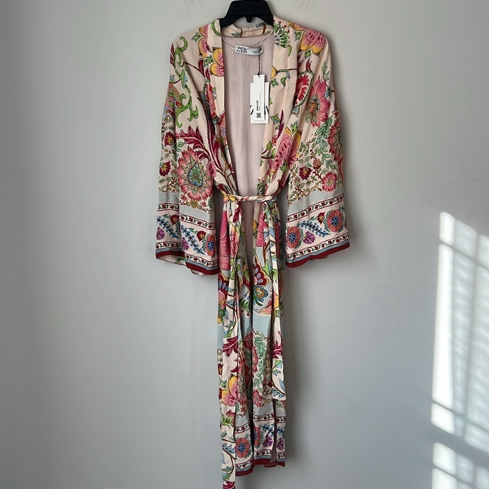 Zara floral white red kimono blogger‎ robe duster jacket size S New with Tags 🟢 - Picture 5 of 12